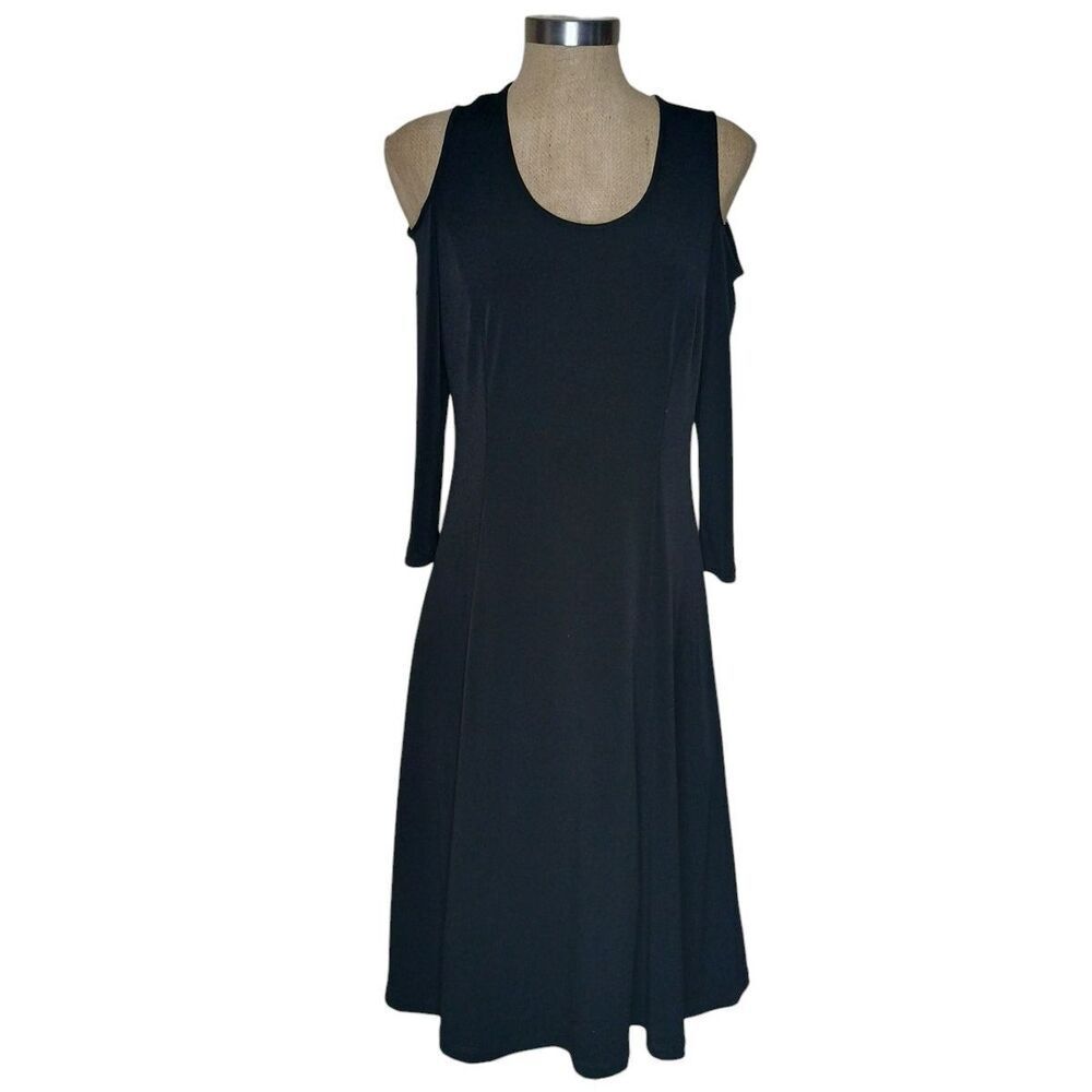 Susan Graver Dress Black Liquid Knit Cold Shoulder Size Small Classic LBD